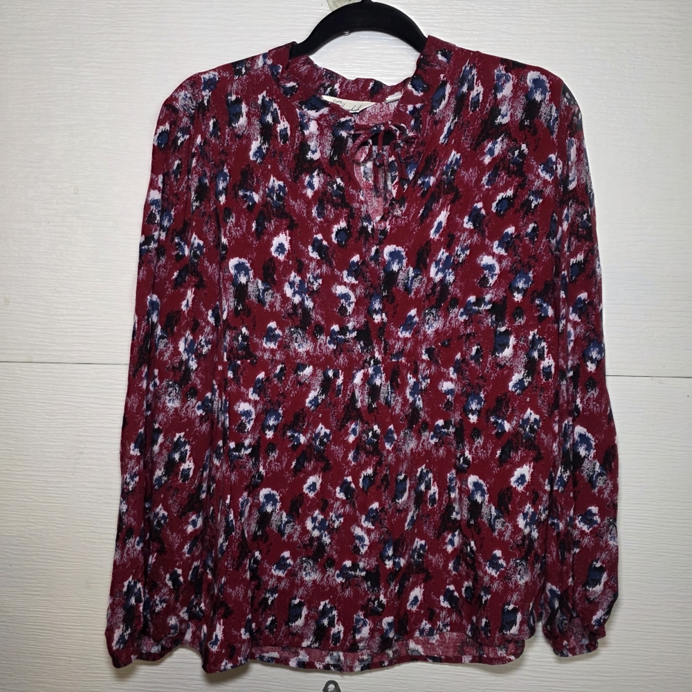 Women's Red Printed Long-Sleeve Tie-Neck Blouse